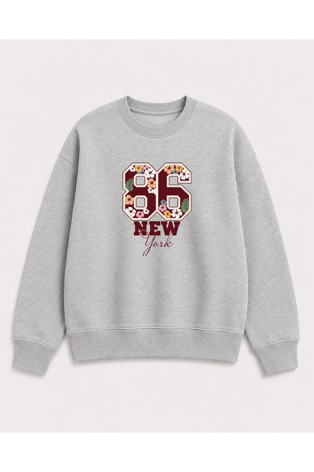 Numbers and Flowers Print Detailed Crew Neck 2-Thread Sweatshirt