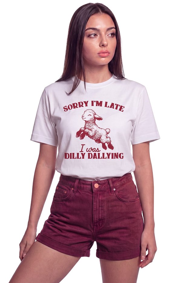 Women's Sorry I'M Late Lamb Print Relaxed Fit T-Shirt White