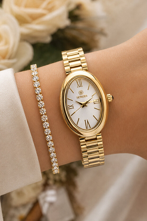 Oval Case Gold Color Women's Wristwatch Steel Band Japanese Movement Gift Special Boxed Hmby2073C1