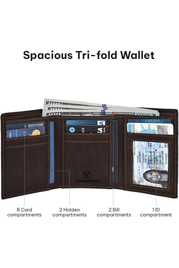محفظة رجالية من الجلد الطبيعي من VALENCHI مع خاصية حجب RFID، تصميم نحيف ثلاثي الطيات مع 7 فتحات للبطاقات ونافذة للهوية ومكانين للنقود