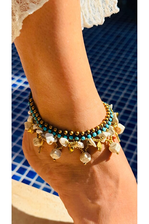 Boho Natural Stone 3 Row Anklet | Turquoise White Sea Shell Starfish Accessory