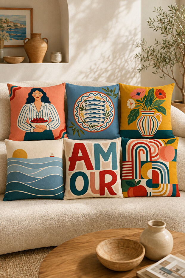 Retro Mediterranean Themed Digital Printed Single Decorative Throw Pillow Cover Set of 6 Double Aarafli
