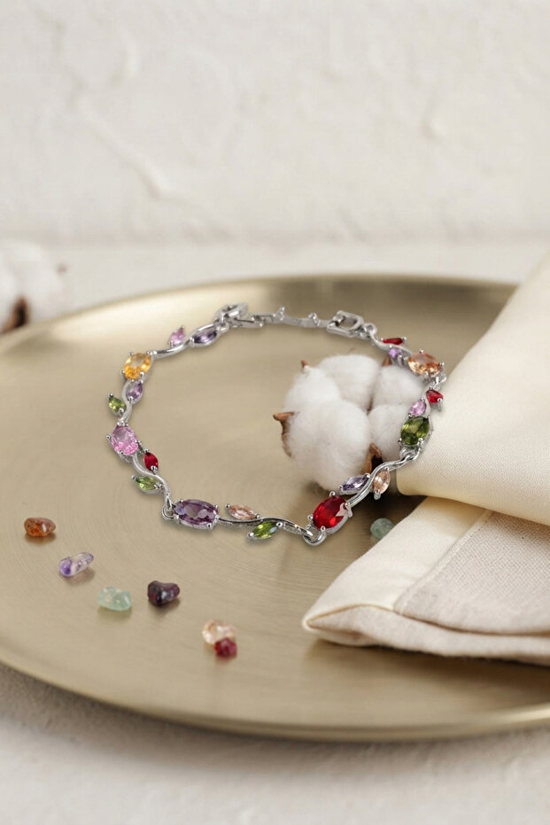Brass Silver Color Mix Color Zircon Stone Flower Model Women's Bracelet -