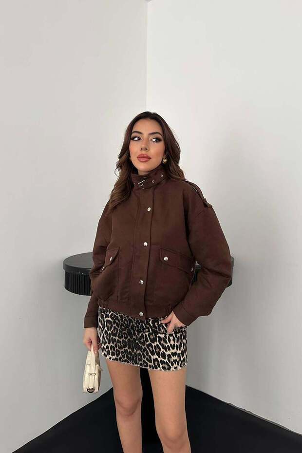 Women's Brown Stand Collar Short Suede-Look Jacket with Snap Pocket Detail