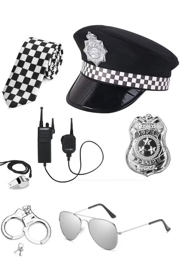 (eb311-Kids)Police Costume Accessories Police Hat Police Badge Sunglasses Handcuffs Whistle Tie Walkie-Talkie Role Play Police Props Costume Suitable for Halloween Carnival Party Role Play
