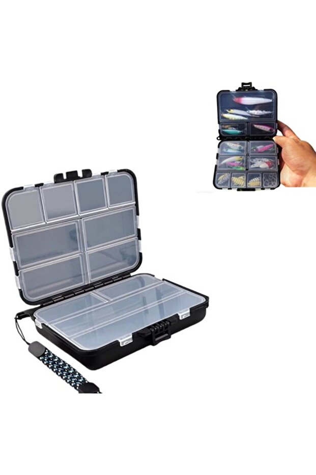 1-piece Double-layer lure box, mini fishing tackle storage with 12 compartments, black 113x93mm