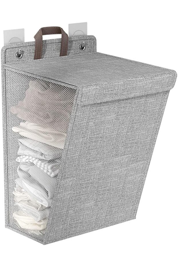 Foldable ultra-thin wall-mounted hanging laundry basket with lid and handle (grey, 36x12x48cm)