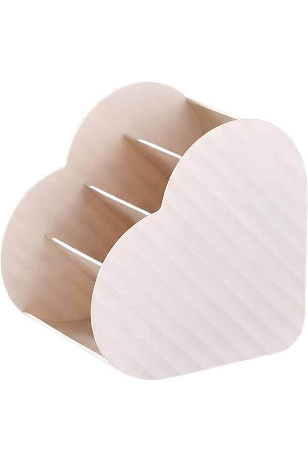 Four-compartment heart-shaped cosmetic organizer, multi-tiered desktop cosmetic rack, white, open design.