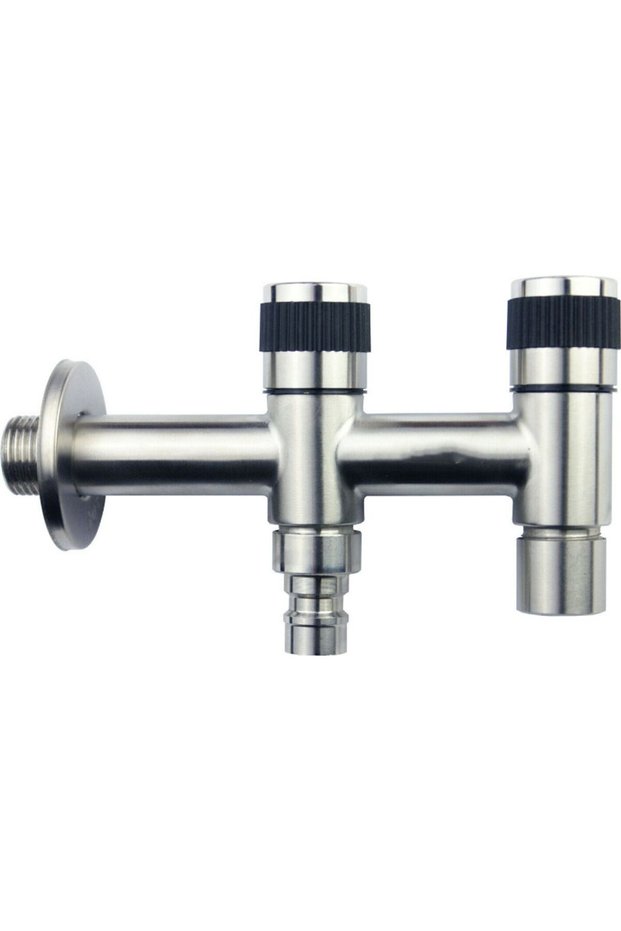 Double stainless steel faucet with 1/2-inch rotary valve for garden water supply connections.