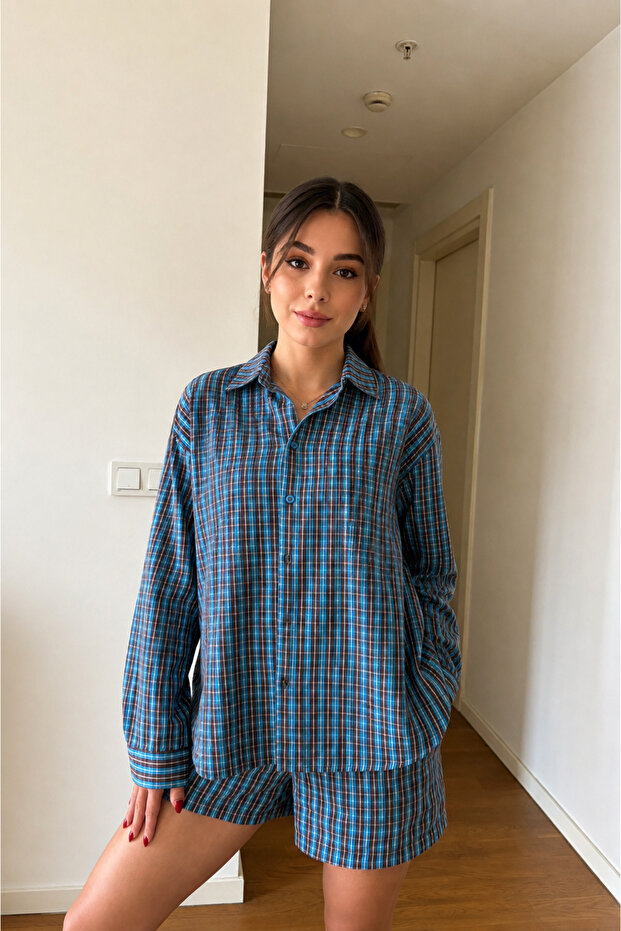 Navy Blue Checkered Shirt Shorts Set - 7363