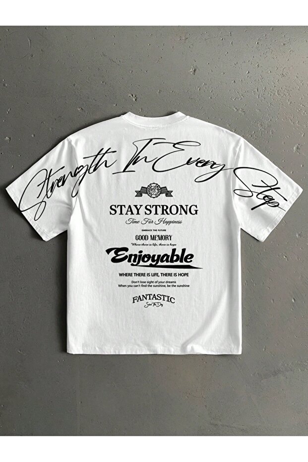 Stay Strong Printed White Oversize Unisex T-Shirt Basic Comfortable Fit Daily Tshirt