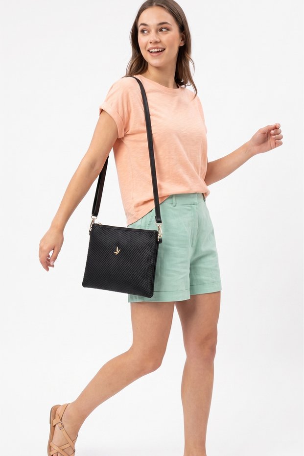 Black Women's Stylish Straw Patterned Daily Hand and Shoulder Bag with Adjustable Strap