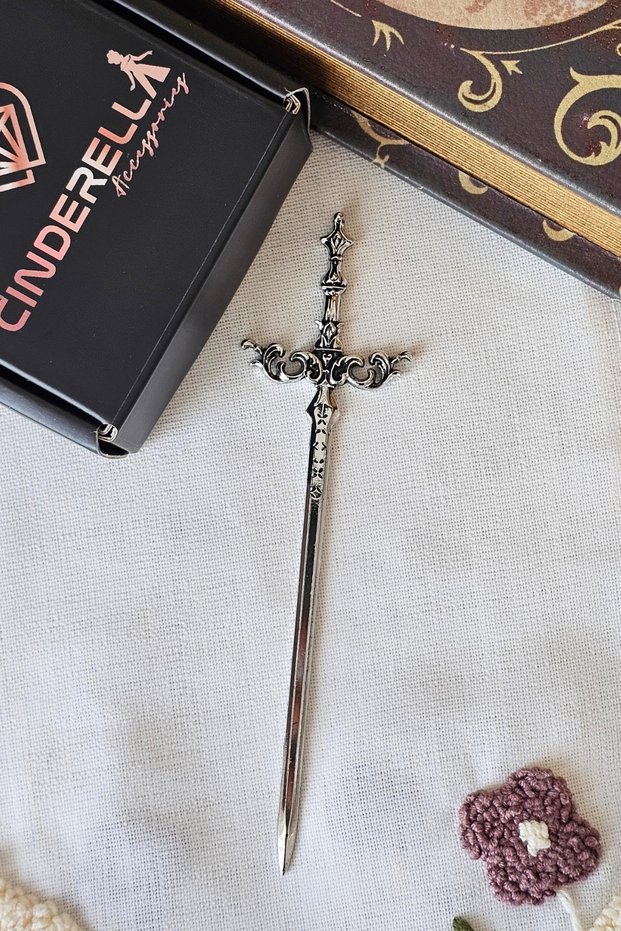 Royal Sword Antique Silver Gothic Hair Bun Clip 16cm - Vintage Metal Stick Clip Bun Stick