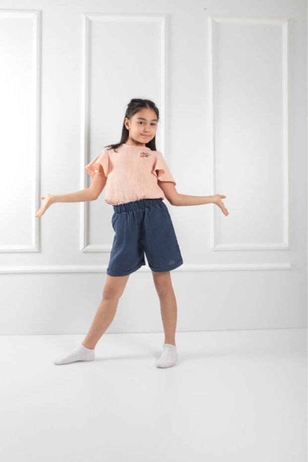 Girls' Embroidered Muslin T-Shirt – Short Sleeve, Lightweight and Breathable for Everyday Wear