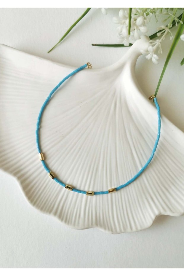 Blue Glass Bead Detailed Gold Anklet 22+5 cm