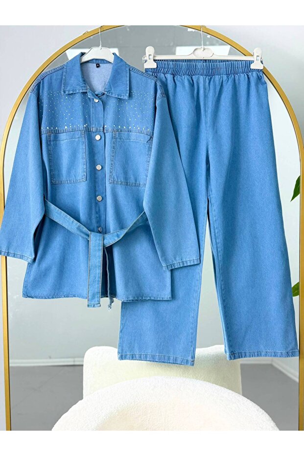 Women's Stone Detailed Belted Jeans Double Set