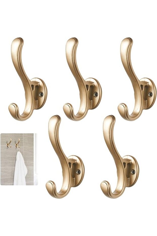 Coat hooks - 5 pieces gold vintage aluminium double wall hooks with screws