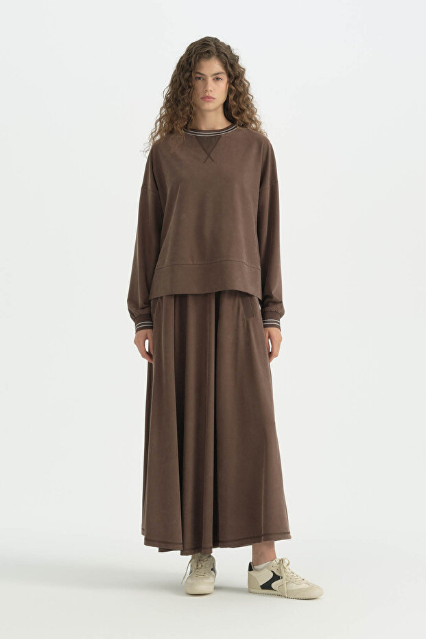 Cupra Modal Knitted Skirt Blouse Set - Brown