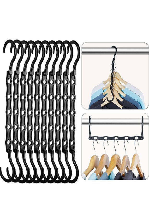Space-saving 10-piece hanger pack, high-quality smart hanger hooks, sturdy five-hole stackable hanger.