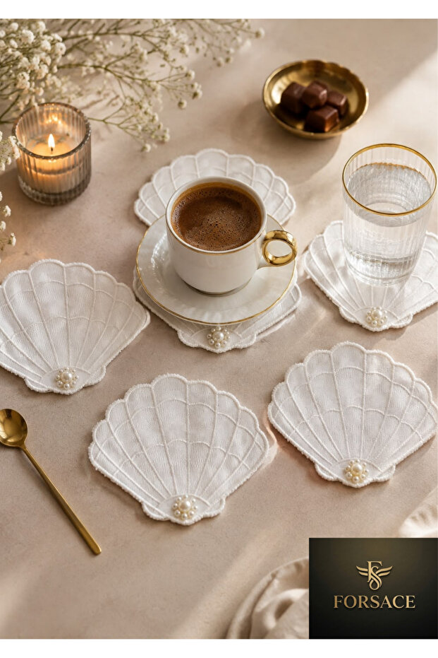 6 Pieces of Oyster Coasters Set with Pearl Detail, Embroidered Fabric Cup Coasters, Coffee Side Presentation Napkins