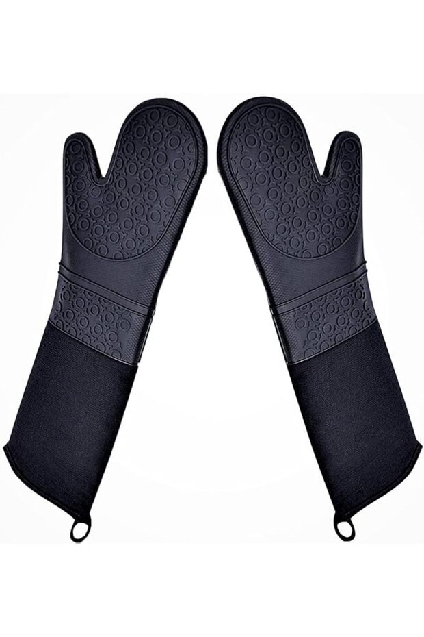 Extra-long professional silicone heat-resistant gloves with quilted lining, durable and heat-resistant, 2 pairs per pack.