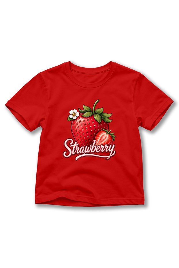 Girl's Strawberry Printed Short Sleeve Crew Neck T-Shirt with Strawberry Text