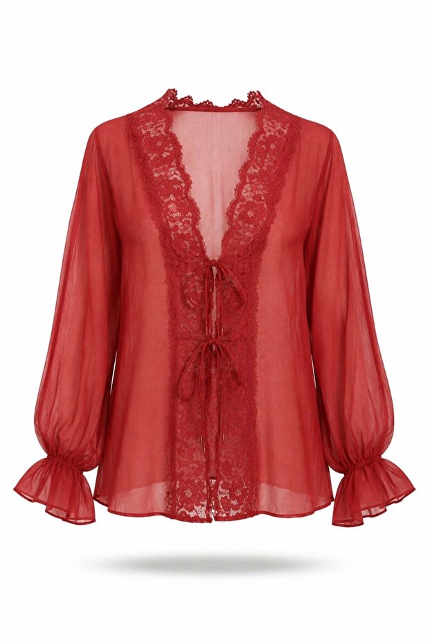 Red Lace Detailed Tie-Up Shirt 5108