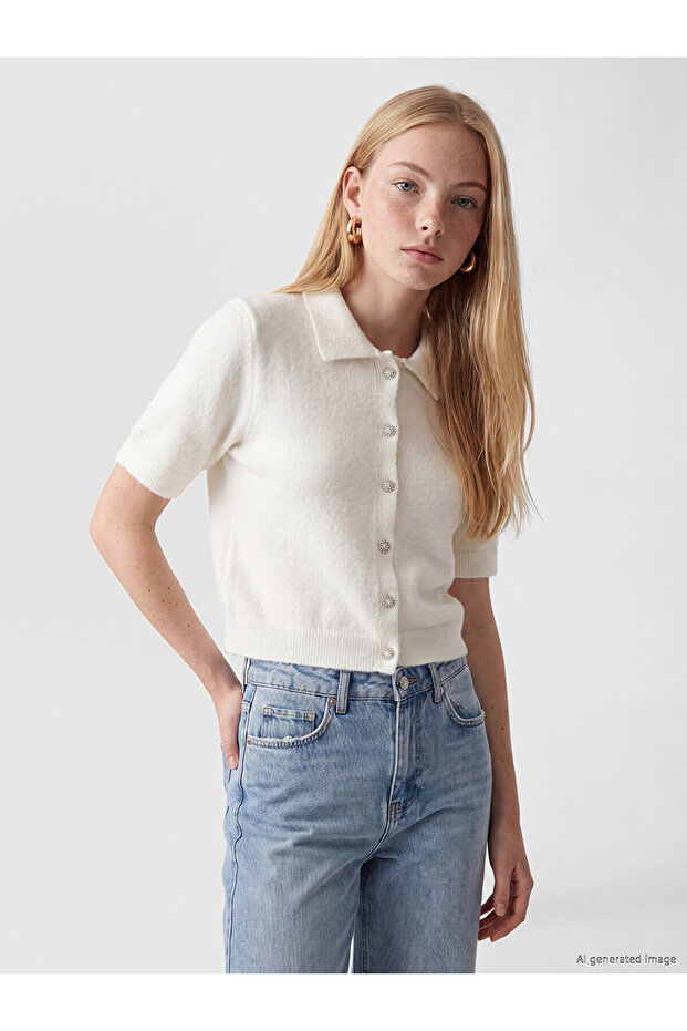 Xside White Polo Collar Women's Knitwear Sweater