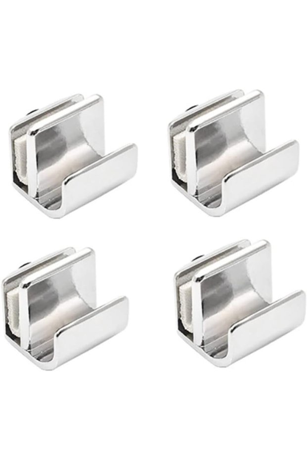 Four glass door handles, no drilling required, suitable for display cases, cabinets and drawers with a thickness of 3 to 5 mm.