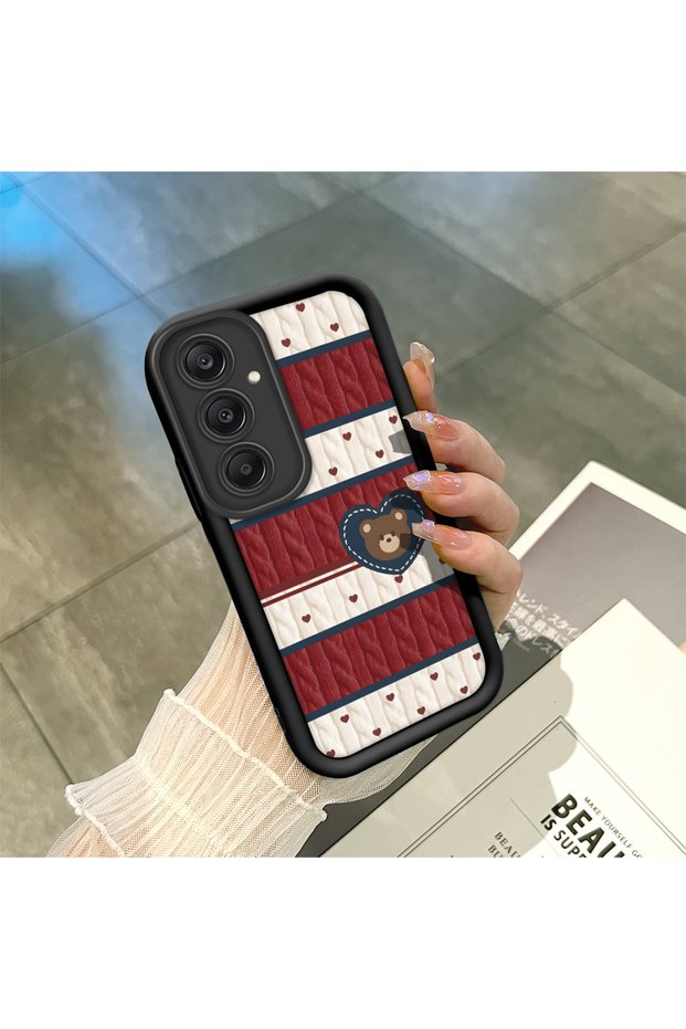 Samsung Galaxy A25 Compatible Cute Bear Protective Case, Mix of Plaid and Lines, Impact Blocking