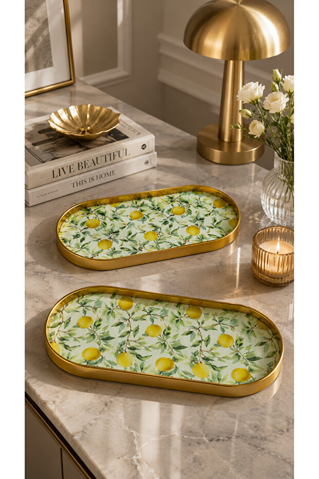 Lemon Gold Glass Presentation Tray Decorative Coffee and Catering Presentation Tray - Tray Gold 2 Pieces 12X30 cm