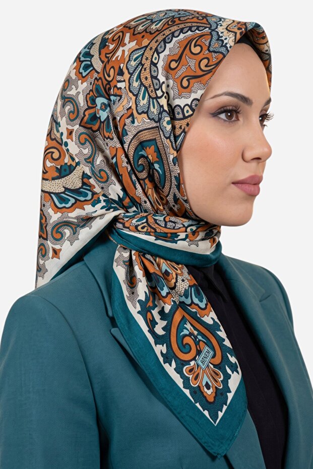 Women's Petrol Green Authentic Shawl Patterned Stitched Writing Cotton Cheesecloth Scarf