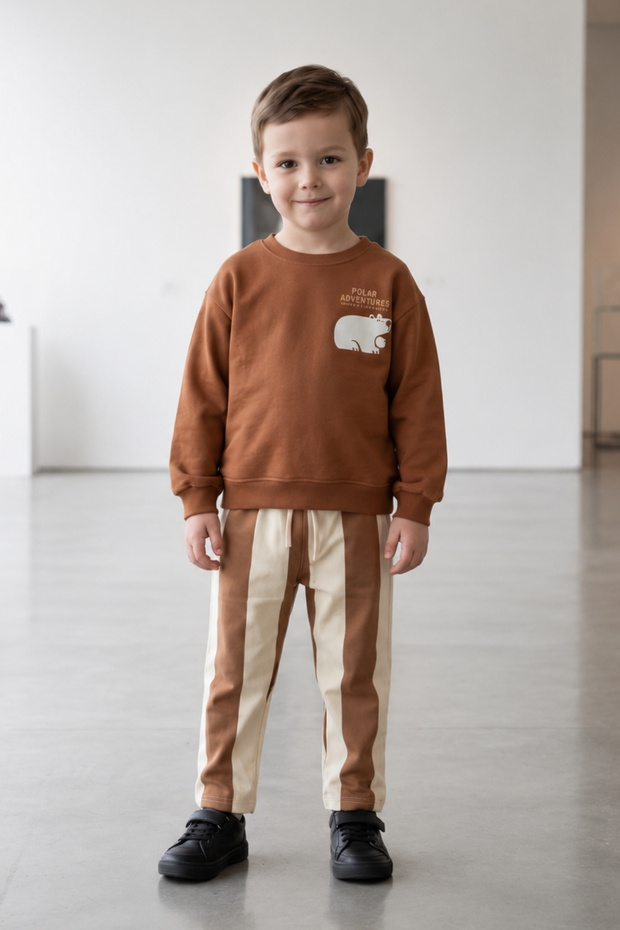 Boy's Polar Bear Printed Two-Thread Brushed Striped Tracksuit Set