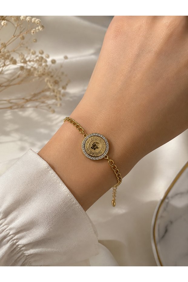 Gold Color Ataturk Silhouette Stone Detailed 316L Steel Bracelet – Women's Chain Bracelet