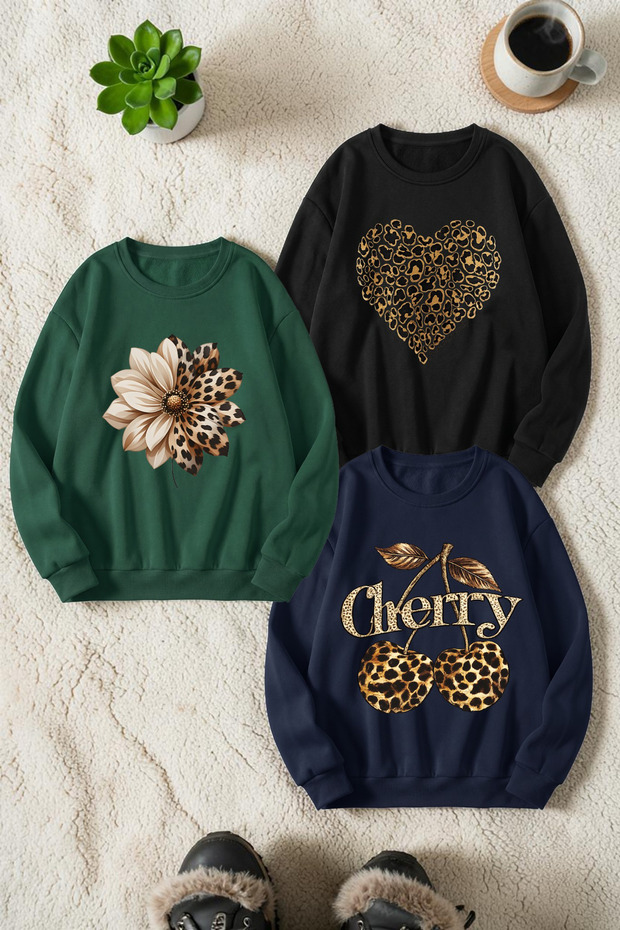 Unisex Mixed Printed Crew Neck Sweatshirt Set – Pack of 3