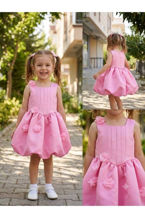 Girl's Appliqued Floral Detailed Pink Balloon Evening Dress
