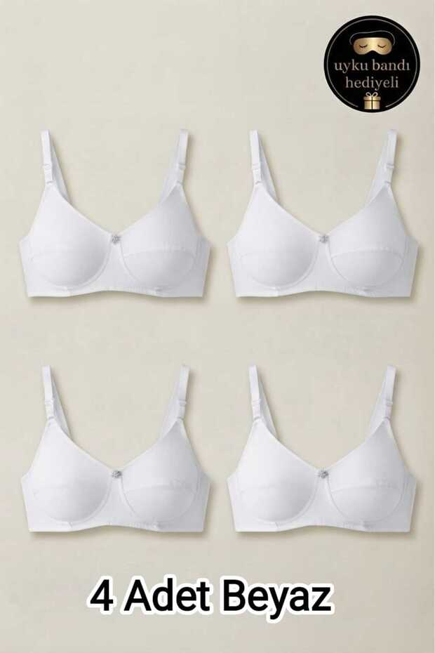 Pack of 4 White Cotton Sponge-Free Underwire-Free Women's Combed Cotton Bras - with Sleep Band and Gift