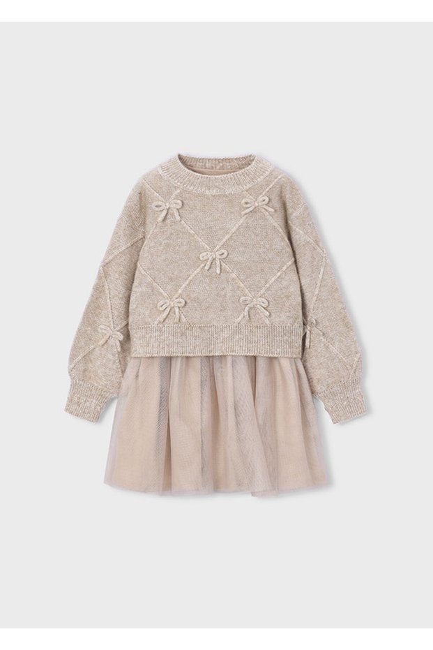 Girl's Beige Tulle Dress and Bow-Tie Knit Sweater Set