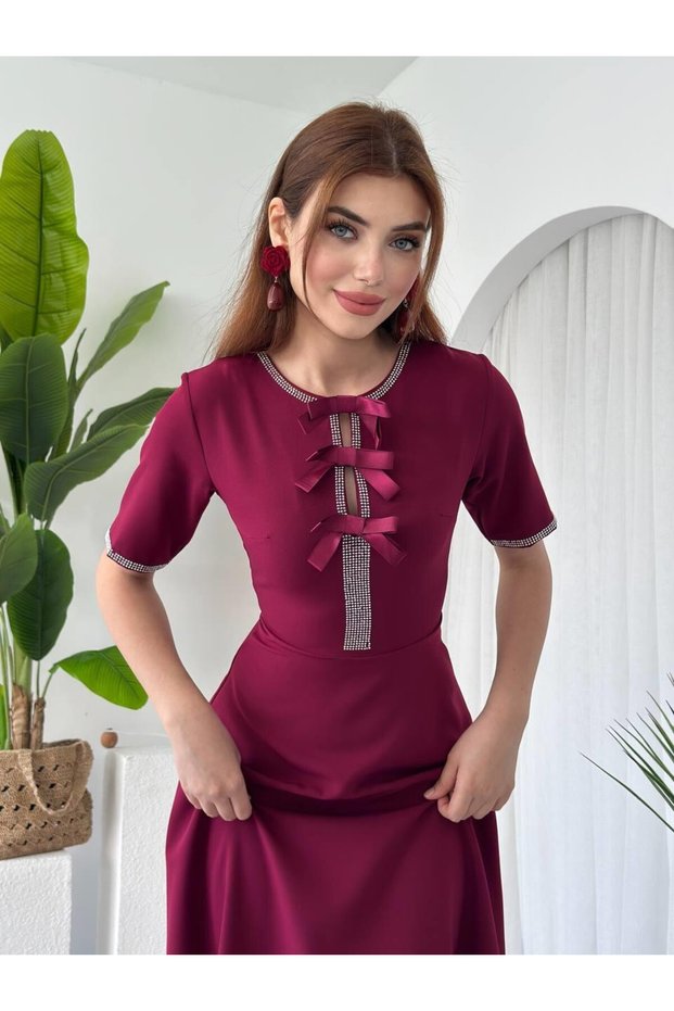Women's Burgundy Midi Dress with Stone Bow Detail, Crew Neck, Short Sleeves