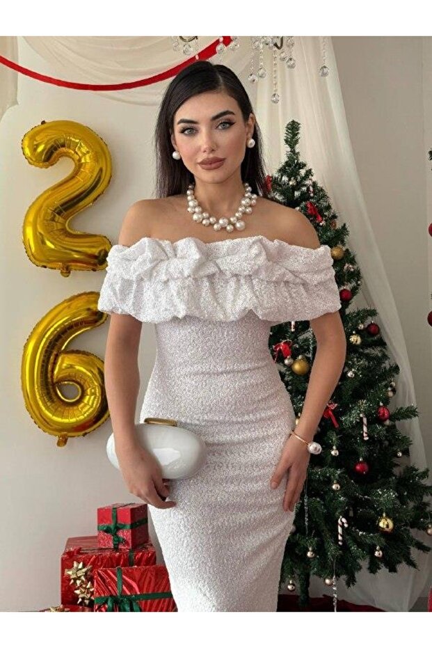 Women's White Strapless Sequined Ruffle Detailed Boat Neck Midi Evening Dress