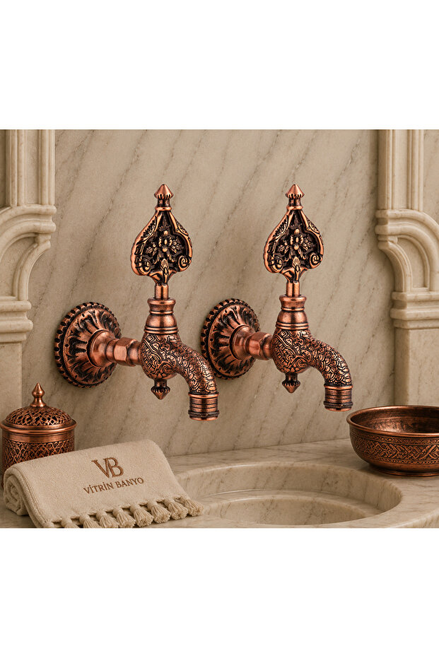 2 Pieces of Ottoman Bath Faucet, Copper Color, Patterned, Heavy Model, Kurna Faucet, Compatible with All Bathrooms (with Aerator)