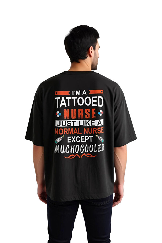 Men's Oversize T-Shirt Tattooed Nurse Printed Graphic Patterned Relaxed Fit Professional Identity Casual