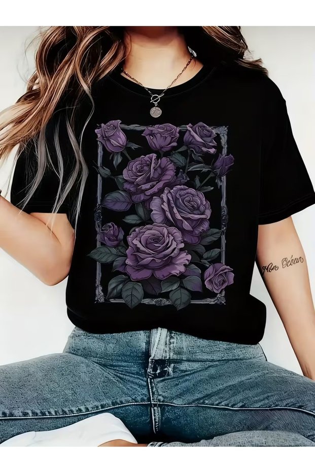 T-Shirt Color Matching Floral Frame Printed Cotton Women's T-Shirt