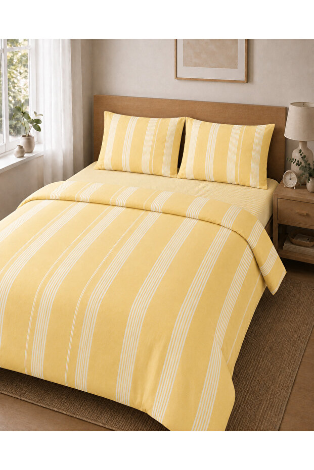 Yellow Striped Double Duvet Cover Set 4 Piece Bedding Set with Sheets