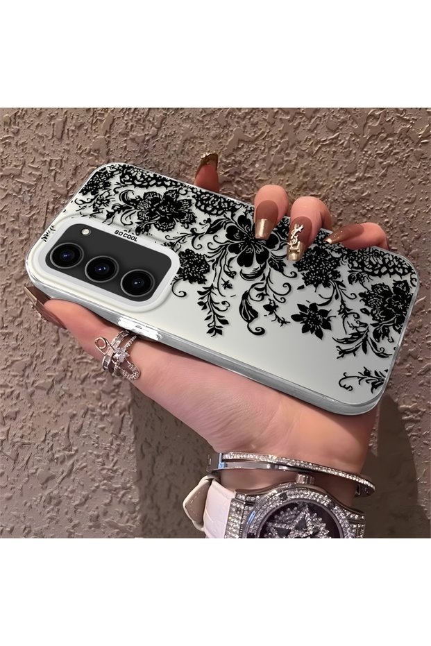 Samsung Galaxy S23 Compatible Elegant Black Lace Flower Pattern Case, High Quality Matte Phone Case
