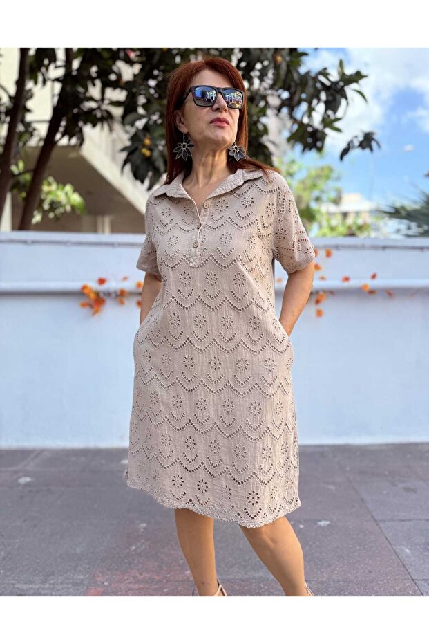 brodat Rochie Midi Bej