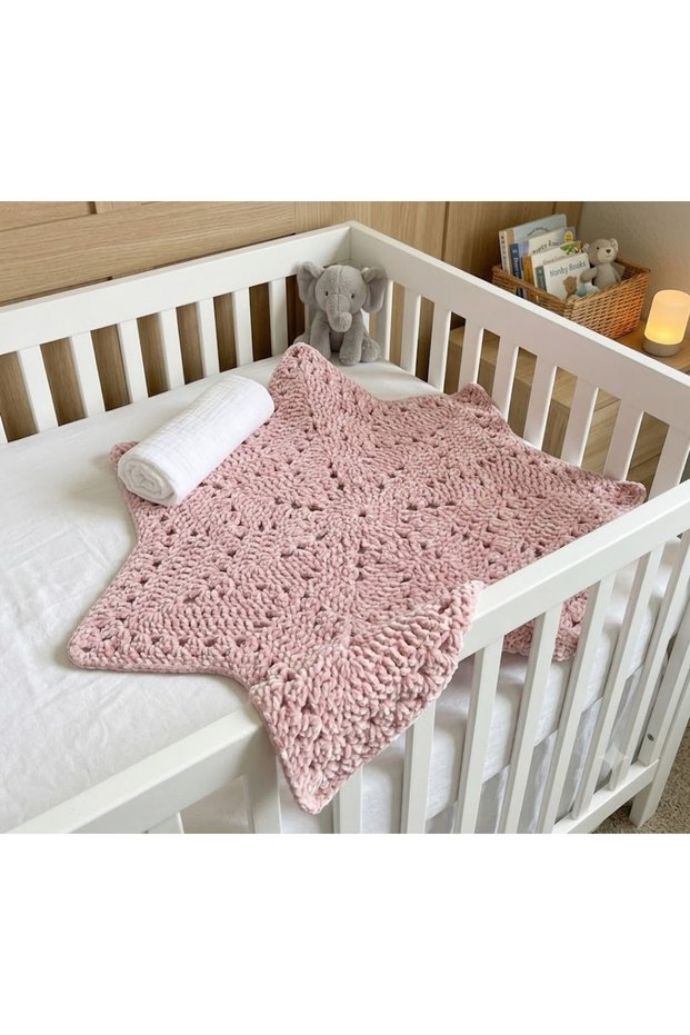 Seamless Hand Knitted Light Pink Color Velvet Yarn Star Baby Blanket Newborn Puffy Soft
