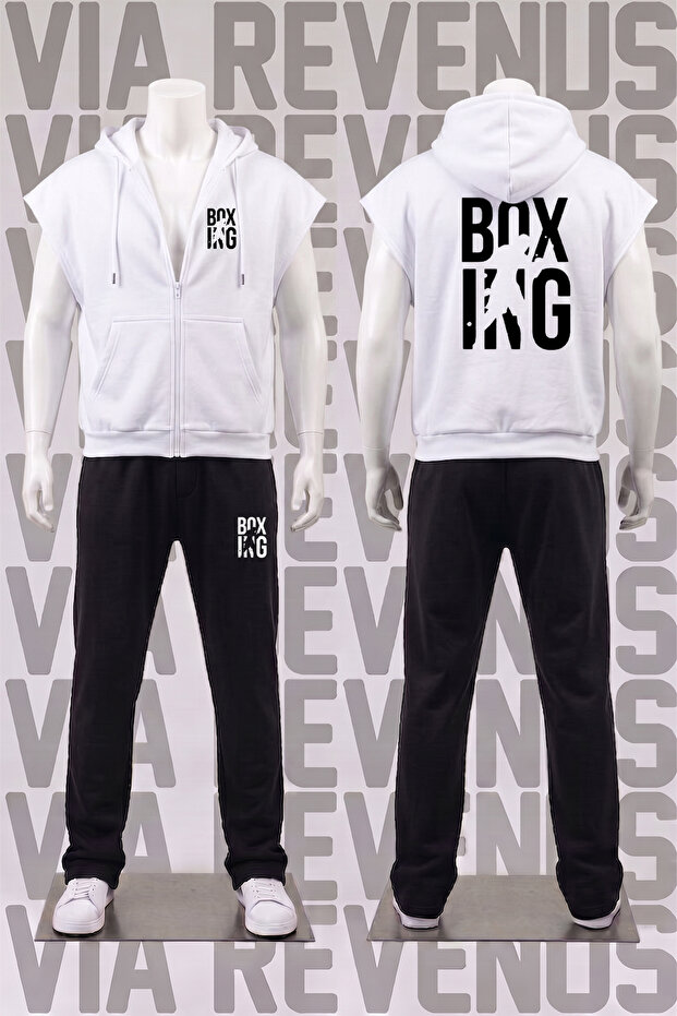 Boxing Front and Back Printed Sleeveless Zippered Hooded 3 Thread Raster Tracksuit Set