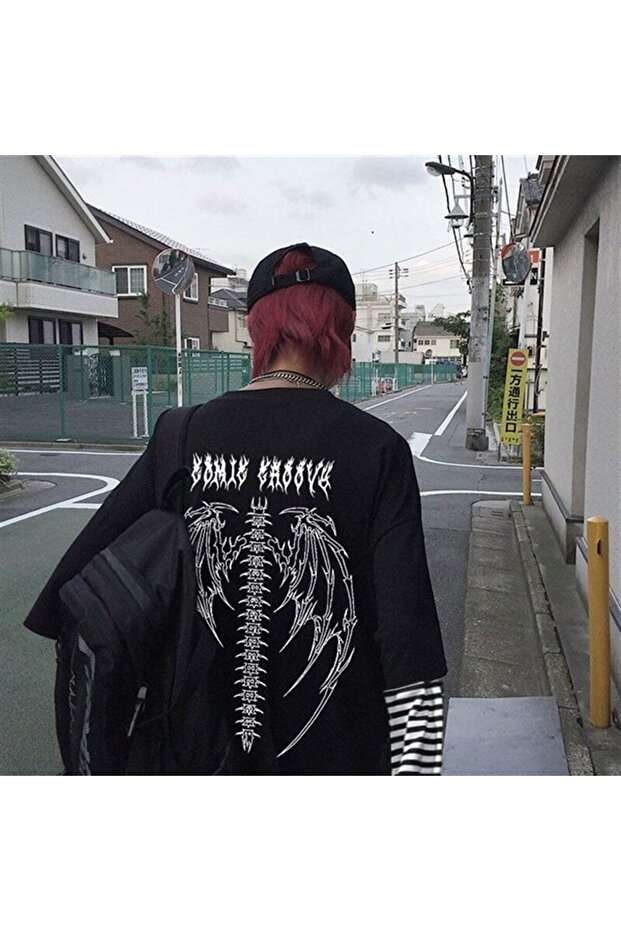 Mingalondon Gothic Tribal Front and Back Print Unisex Oversize Long Sleeve T-Shirt