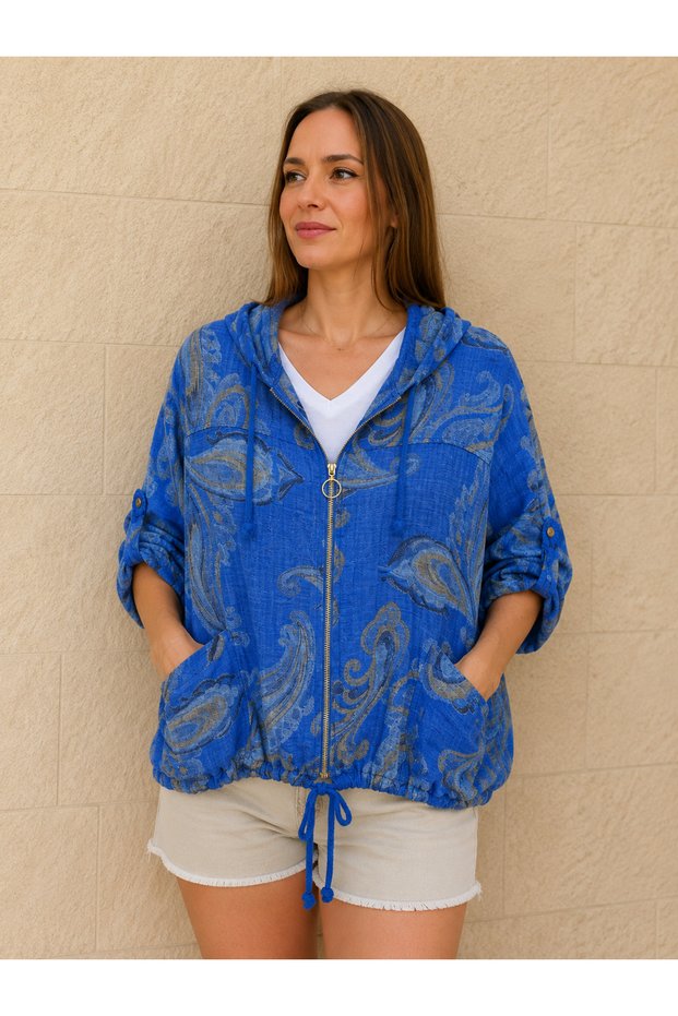 Women's Original Italian Cotton Hooded Zipper Long Sleeve Shirt 42-48